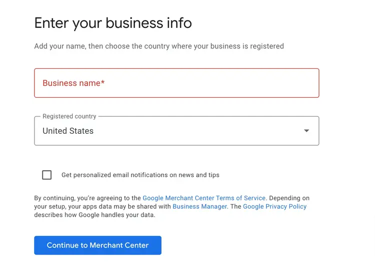"Enter your business info" window