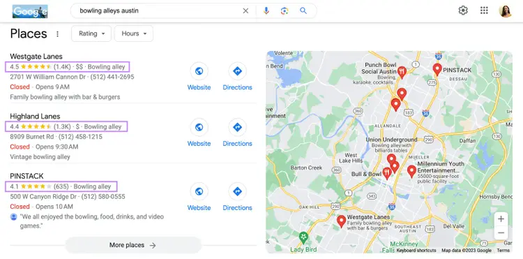 Ratings are highlighted under businesses in Google local pack results