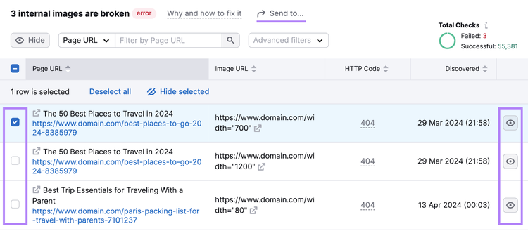 checkboxes, hide result, and send to buttons highlighted in the image report