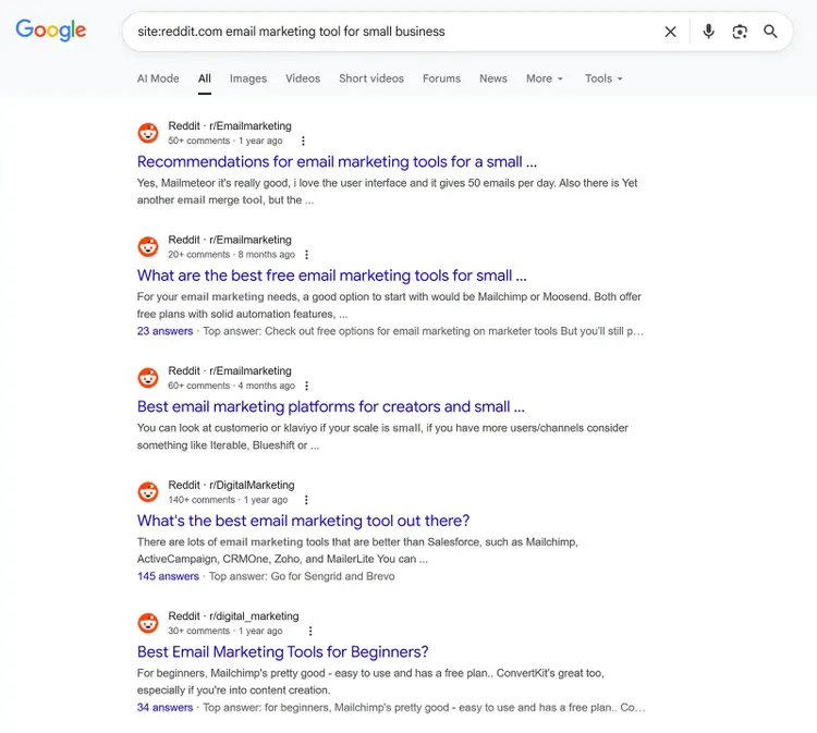 Google search results for site:reddit.com email marketing tools for small business.
