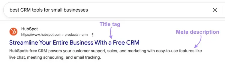 Google SERP for the term "best CRM tools for small businesses" with the title tag and meta description of the top result highlighted.
