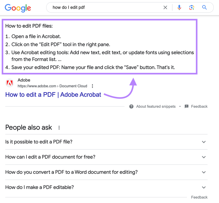 an example of featured snippet from Adobe in Google SERP for "how do i edit pdf"