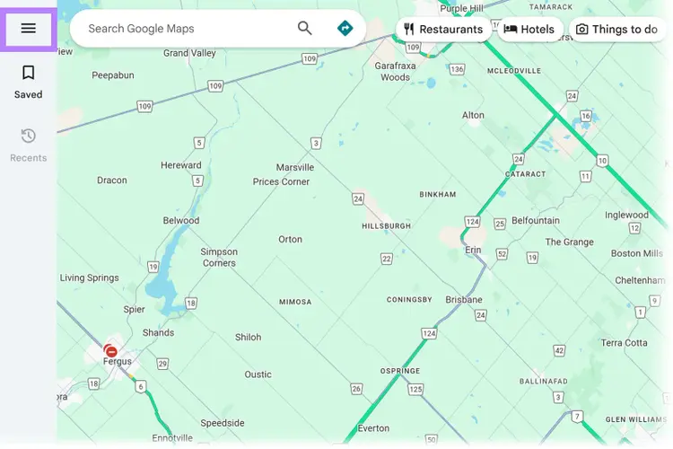 Google Maps view with the main menu icon highlighted in the top left.