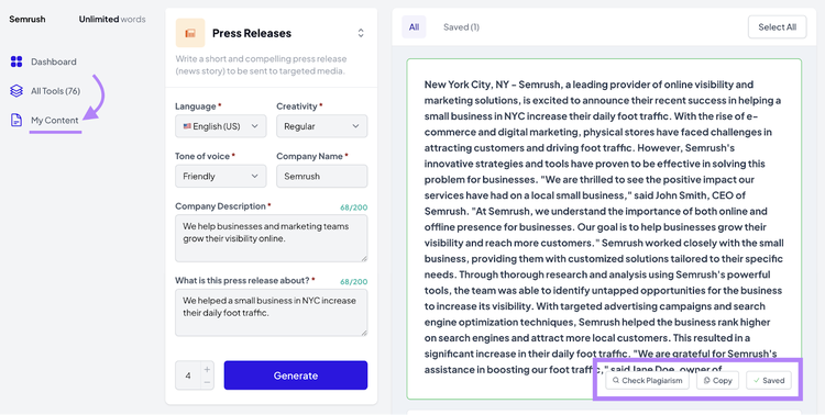 AI Writing Assistant interface