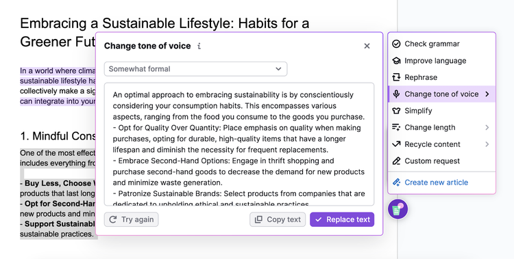 change tone of voice option highlighted. pop up shows changes to the text after selecting a "somewhat formal" tone