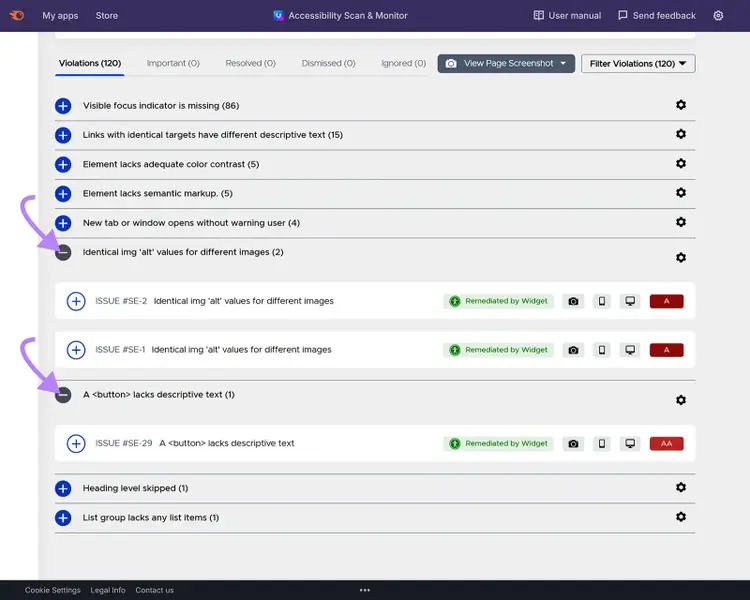 Accessibility report showing flagged issues with arrows pointing to identical alt text and missing button text.