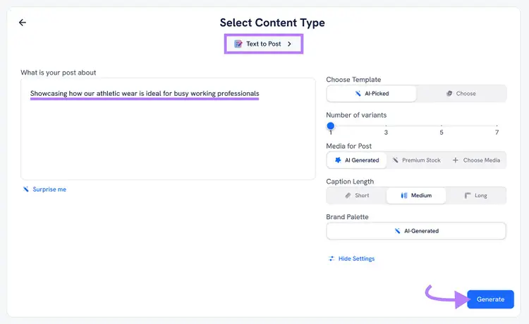 Post setup screen with text prompt about athletic wear for professionals and arrow pointing to “Generate” button.