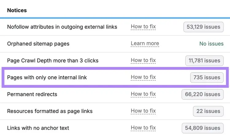 Internal Linking Issues with the "Pages with only one internal link" notice highlighted.