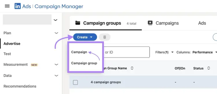 LinkedIn Ads Manager home with "Create" clicked and "Campaign" selected from the drop-down that appears.