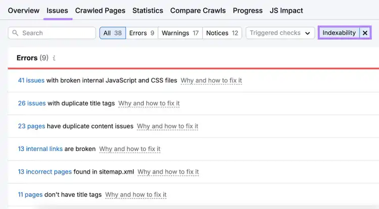 indexability category filters for errors like broken internal files, duplicate title tags and content issues, broken internal links, and more