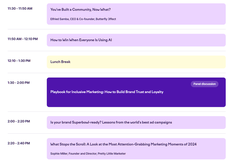 Conference schedule showing session times with keynotes and panel discussions in color-coded blocks