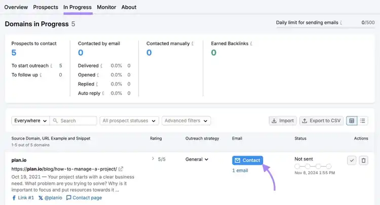 "In Progress" tab on the Link Building Tool with "Contact" next to a prospect clicked.