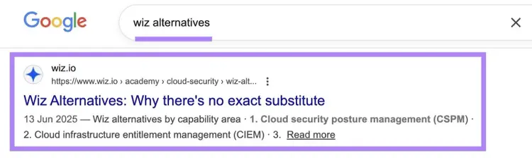 Google SERP with "wiz alternatives" entered as the term showing a result by Wiz with a page titled "Why there's no exact substitute."