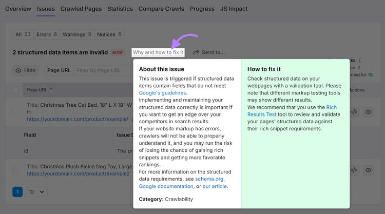 "2 structured data items are invalid" report with the "Why and how to fix it" window highlighted.