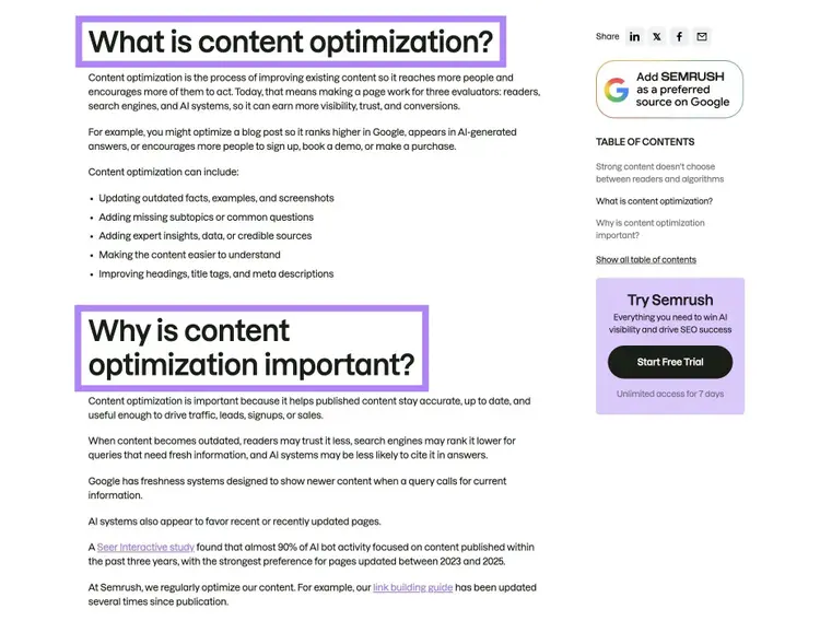A blog post by Semrush using question headings with the answer directly following after.