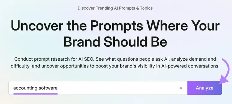 Semrush prompt research search field with “accounting software” entered and an arrow pointing to Analyze