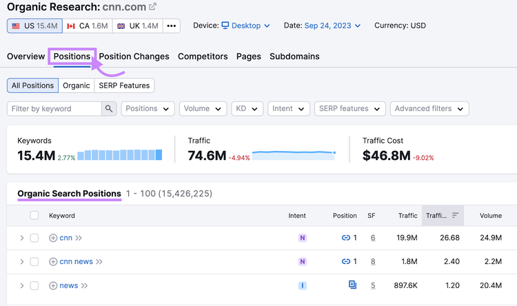 Organic Rankings's “Positions” report