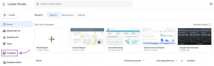 Looker Studio homepage menu with "Templates" highlighted