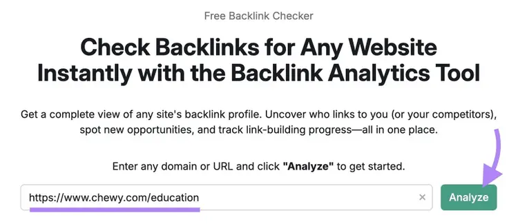 Backlink Checker tool start with the blog subfolder URL of a domain entered and "Analyze" clicked.