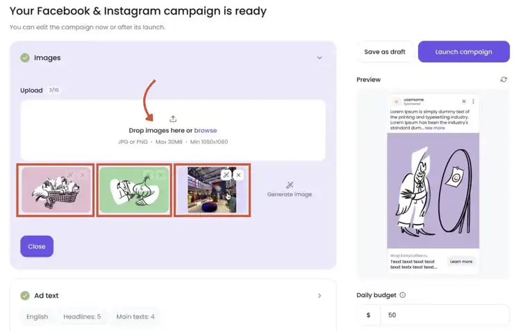 Semrush campaign builder showing Facebook & Instagram campaign ready to launch