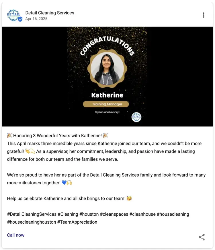 Google Business Profile post by a cleaning service celebrating an employee's three year anniversary with the company.