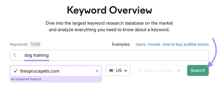 search for keyword with domain entered into Keyword Overview tool