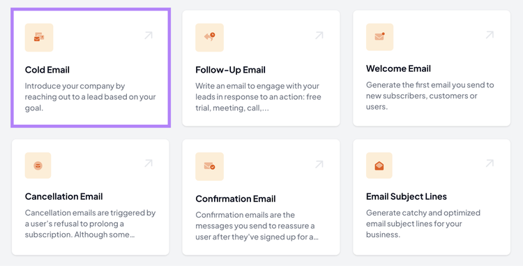 AI email assistant options include cold email, follow up email, welcome email, cancellation, confirmation, and email subject lines