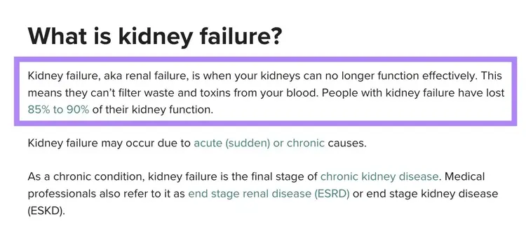 A blog post by Healthline directly answering the question, "What is kidney failure?" posed in the heading.
