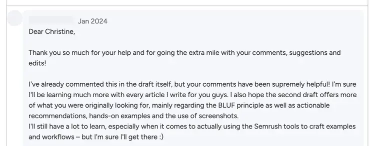 A response by an author thanking the editor for their comments, suggestions, and edits on a Monday.com task.