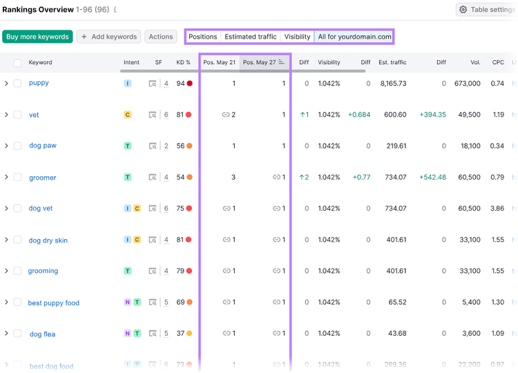 “Rankings Overview” table in the Position Tracking tool for keywords related to a domain, with a focus on the keyword positions columns.