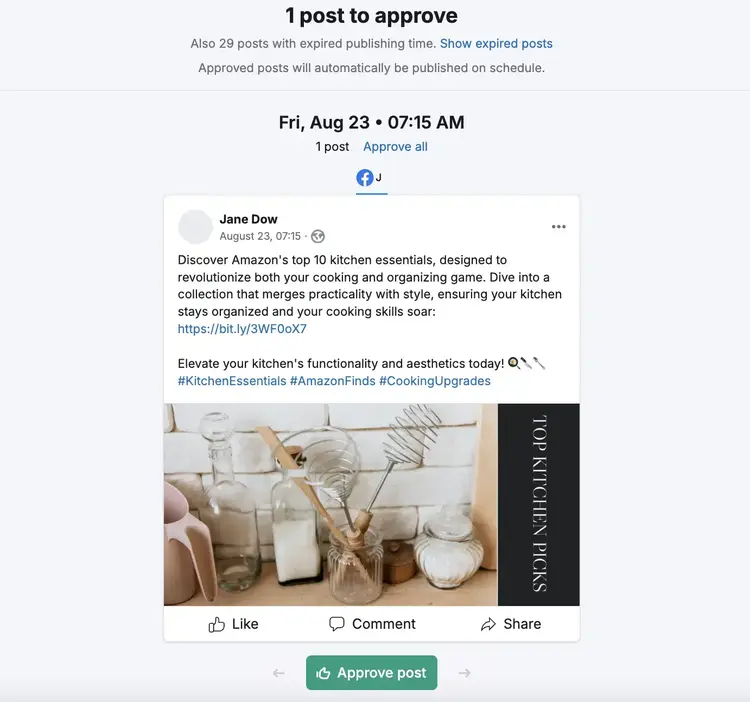 Semrush Social Toolkit post approval interface for Amazon content