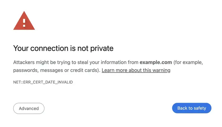 “Your connection is not private” error message when a specific URL is entered into the address bar of the browser.