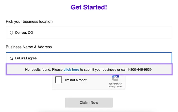 Business location and name are selected, but no results are found. A blue hyperlink appears for next steps.