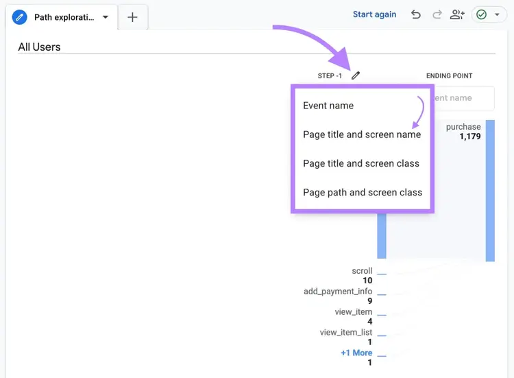 Path exploration on GA4 with "Page title and screen name" selected from the "Step - 1" drop-down.