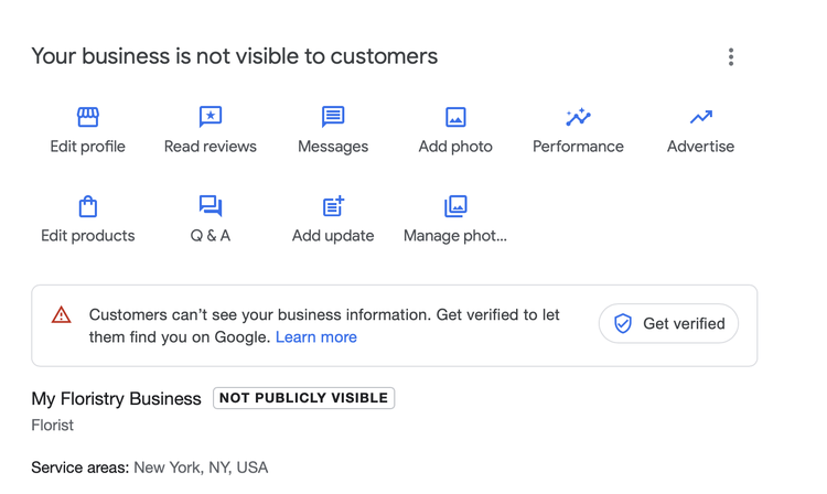 A dummy Google business profile titled "My Floristry Business"