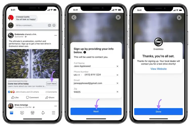 Three phone screens showing Facebook ad lead gen signup flow from Learn More to Done