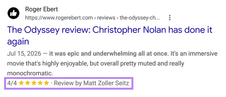 Google review rich result for The Odyssey showing a 4-out-of-4 rating and reviewer Matt Zoller Seitz