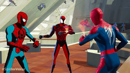 Three Spider-Man characters interacting in SpiderVerse scene