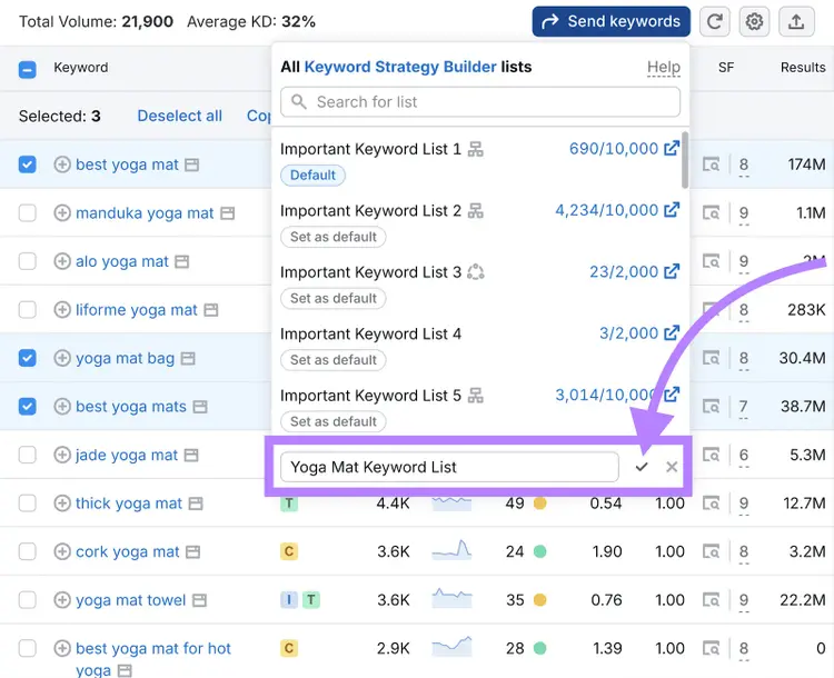 keyword list name (Yoga Mat Keyword List) in Keyword Magic Tool