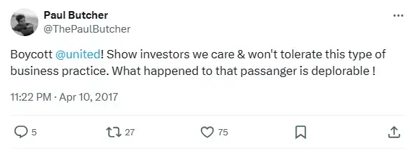 Paul Butcher tweet calling for United Airlines boycott with 27 retweets and 75 likes