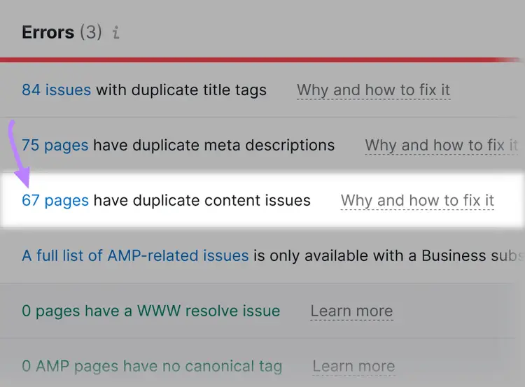 "67 pages have duplicate content issue” row highlighted