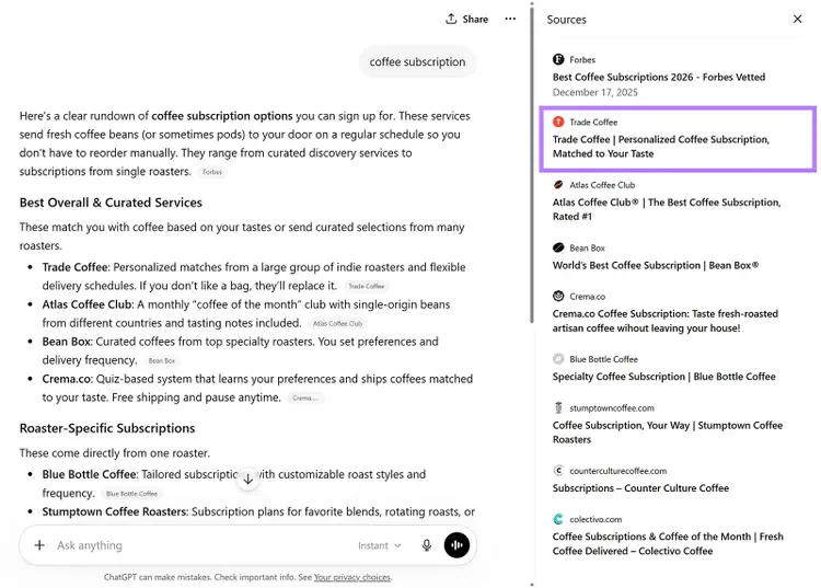 ChatGPT response for “coffee subscription” showing cited brand sources in the sidebar