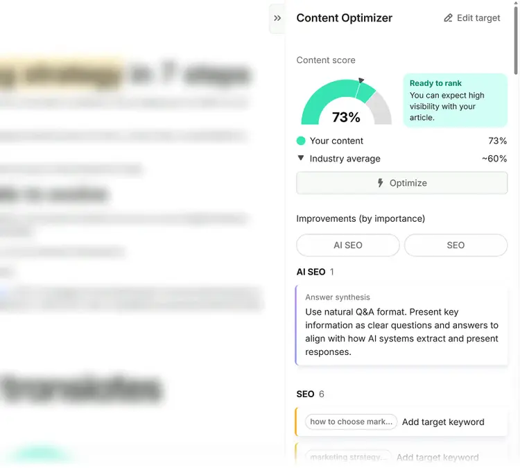 Semrush Content Optimizer showing a 73% content score with AI SEO and keyword improvement suggestions