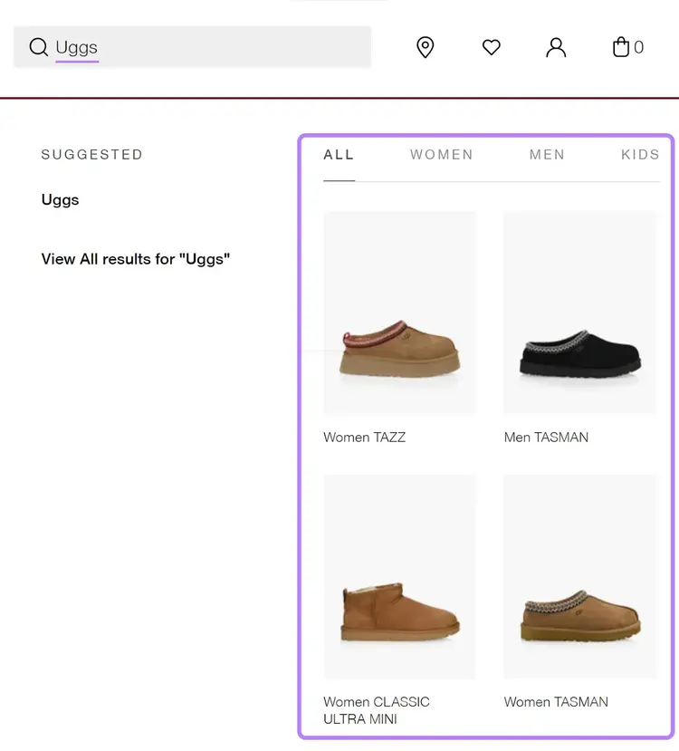 Browns’s search navigation suggestions when typing "Uggs" in the search bar