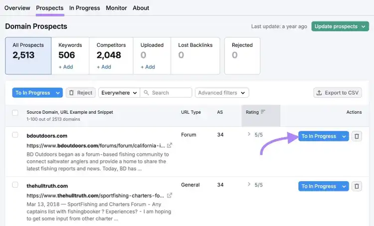 "Prospects" tab on the Link Building Tool with “To In Progress” next to a URL clicked.