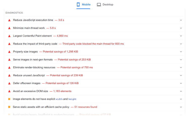 mobile performance diagnostics shown in PageSpeed Insights tool