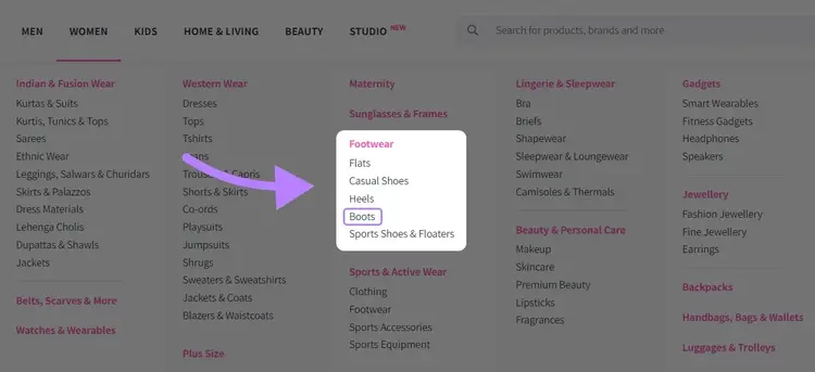"Boots" selected under "Footwear" category in navigation menu