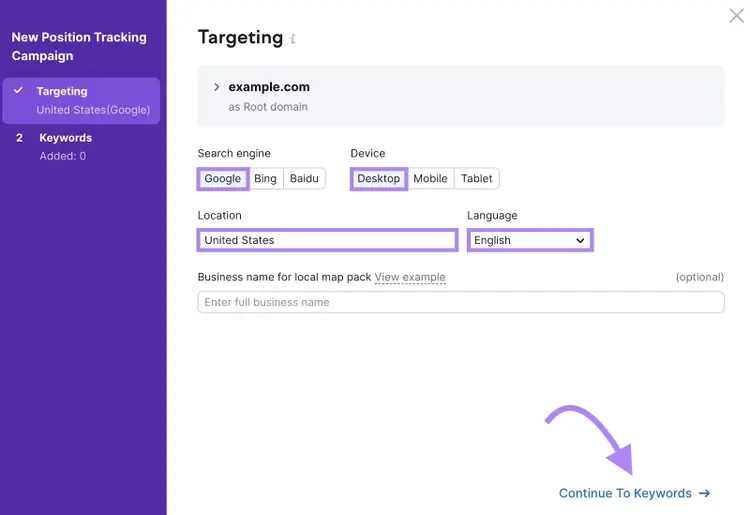 Targeting settings on the Position Tracking tool with options to select a search engine, device, location, and language.