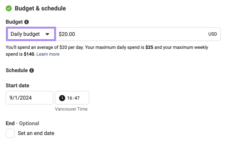 Setting a daily budget in Ads Manager under "Budget & schedule" section