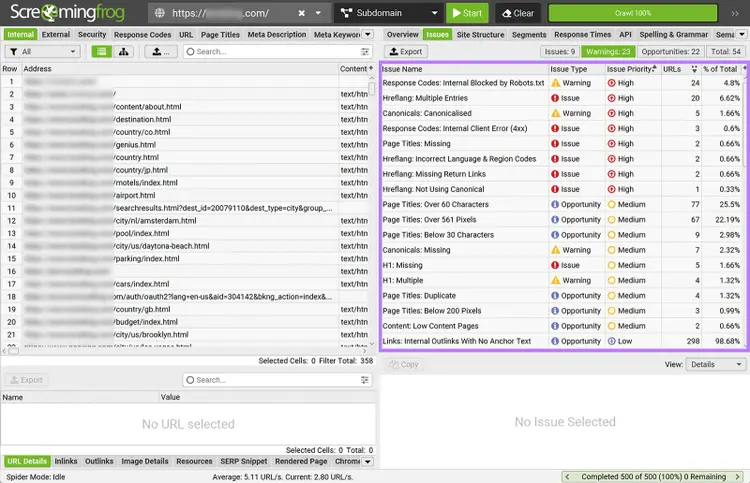 Screaming Frog crawl issues list showing errors, warnings, and opportunities.